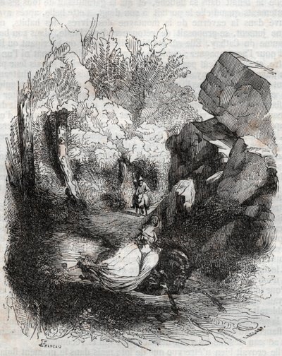 Angélique fuyant le vieil ermite - gravure de 1851 de "Roland furieux" (Orlando furioso) (16ème siècle) par Ludovico Ariosto, dit l