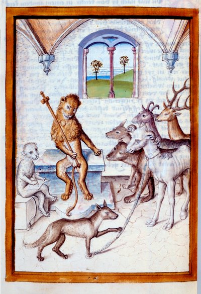 Animaux en posture humaine : Le lion, roi des animaux, donne des ordres à des chèvres, des cerfs et aide un félin en posture de scribe - Unknown artist