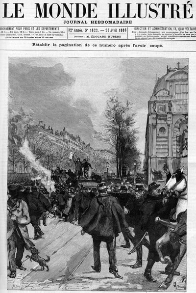 Manifestation anti-boulangerie : manifestation place Saint-Michel, où des exemplaires de « La Lanterne » sont brûlés. Dessin de Gérardin pour la couverture de « Le Monde Illustré » de 1888 - Unknown artist