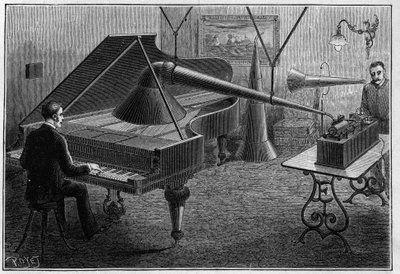 Appareil pour enregistrer une pièce de piano par le phonographe, une invention de Thomas Alva Edison (1847-1931). Gravure dans "La Nature. Revue des sciences et de ses applications aux arts et à l