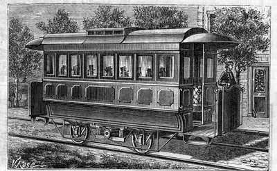 Application des batteries Faure : Tramway électrique, modèle de la compagnie des Omnibus, alimenté par des batteries. Gravure dans « Le Monde Illustré » - Unknown artist