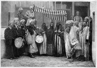 Coutume arabe en Égypte : cortège nuptial au Caire. Gravure dans "Le Monde Illustré" - Unknown artist