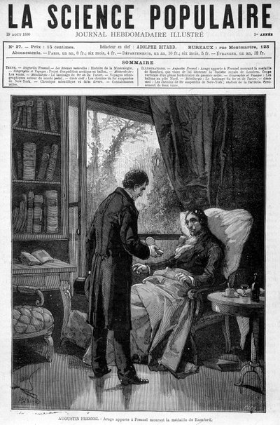 Arago apporte à Augustin Fresnel mourant la médaille de Benjamin Thompson Comte de Rumford - dans « La Science Populaire » du 19/08/1880 - Unknown artist