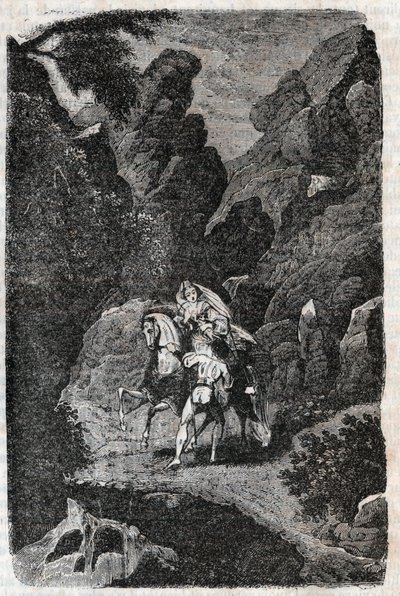 Argie attaqué par les ordres de son fiancé - gravure de 1851 de "Roland furieux" (Orlando furioso) (16ème siècle) par Ludovico Ariosto, dit l