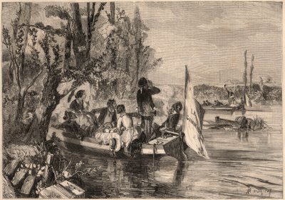 Autour de Paris en 1857. Les canoéistes à Asnières. Gravure dans "Le Monde illustré" de 1857. Collection privée. - Unknown artist