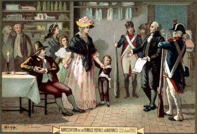 Arrestation de la famille royale (Louis XVI et Marie-Antoinette avec leurs enfants) à Varennes (22/06/1791). Chromolithographie du XIXe siècle - Unknown artist