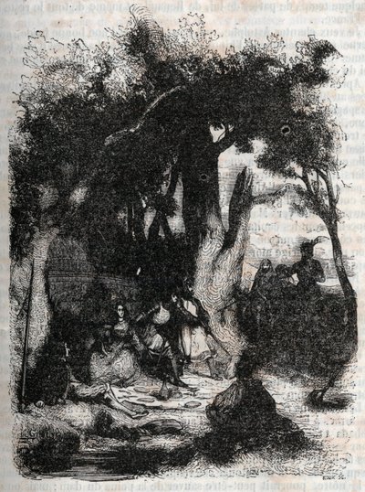 Arrivée de Rodomont et Mandricard à la fontaine de Merlin - gravure de 1851 de « Roland furieux » (Orlando furioso) (16e siècle) par Ludovico Ariosto, traduit de l