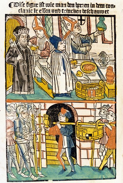 Arrivée de nourriture pour que les membres du Concile de Constance (1417) puissent manger pendant lequel le pape Martin V a été élu. « Das Concilium » - Unknown artist