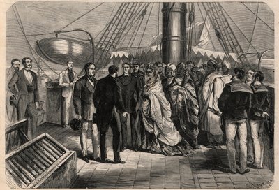 Arrivée à Marseille de Zombe-Fatoum (1836-1878), reine de Mohéli aux Comores. Elle est aussi appelée Djombe-Fatouma ou Jumbe Fatouma ou Jumbe Fatima. Gravure dans "L