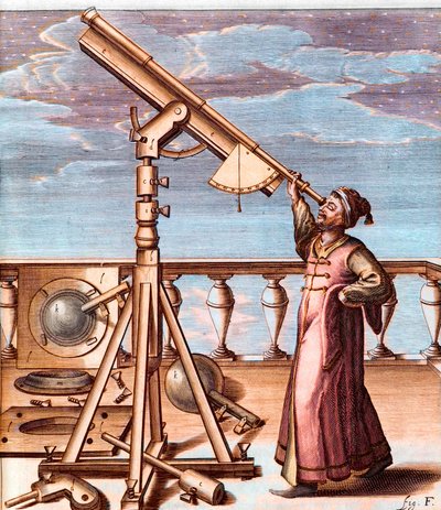 Astronome observant le ciel avec un télescope - de : Johannes Hevelius (1611-1687), Selenographia, sive Lunae descriptio (Sélénographie, ou Une Description de la Lune) - Unknown artist