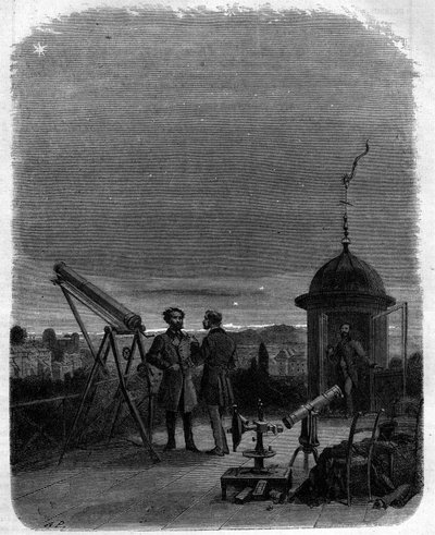Astronomes observant avec leurs lunettes astronomiques la planète Mercure dans le ciel de Paris, 17 février - Unknown artist