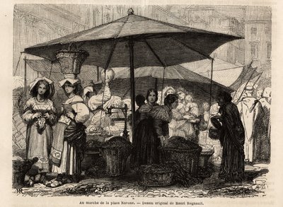 Au pied de la Piazza Navona, Rome (Italie). Gravure pour illustrer le voyage à Rome, par Francis Wey, en 1864-1868, publié dans "Le tour du monde, nouveau journal des voyages", sous la direction d