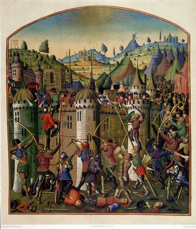 Attaque du château de Philippe Auguste avec vue de Paris et des gibets de Montfaucon pendant la guerre de Cent Ans, milieu du 15ème siècle - Unknown artist