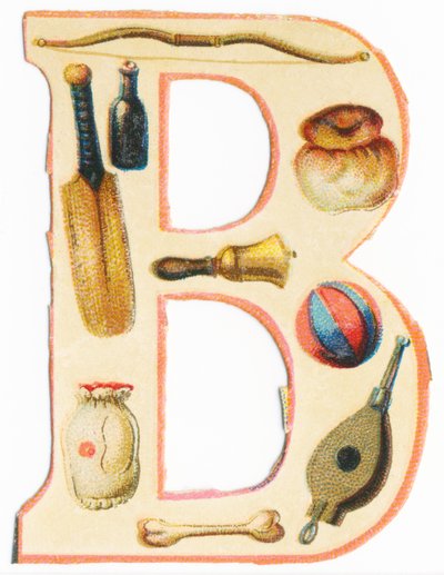 B: arc, batte de baseball, bouteille, brioche, cloche, ballon, os, sac, soufflet - Unknown artist