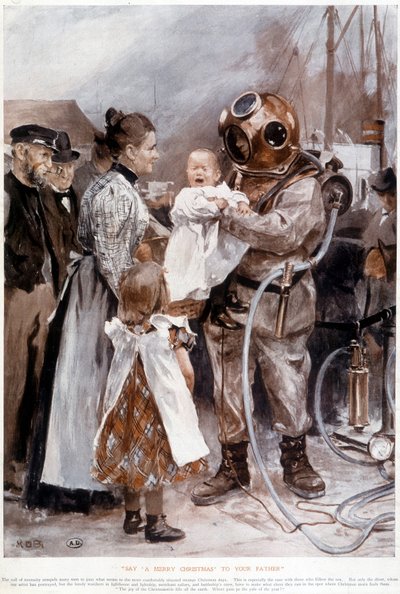 Bébé pleurant dans les bras de son père scaphandrier - Unknown artist