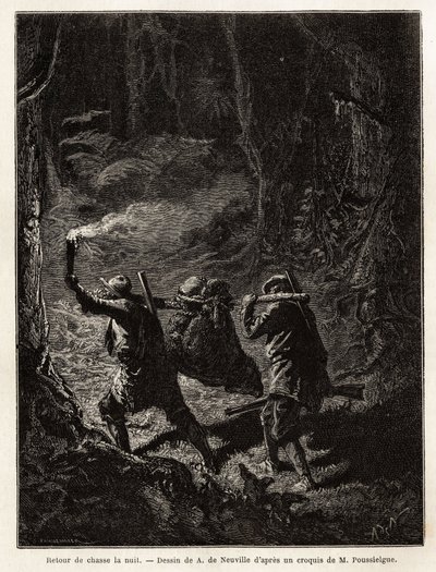 Retour de la chasse de nuit, la proie, un ours, est attachée et suspendue à une branche que les chasseurs portent sur l
