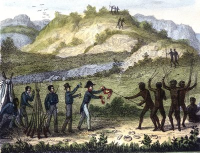 Scène de troc entre les indigènes et les occidentaux d