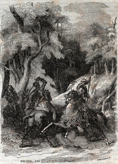 Bataille entre Roland et Ferragus - gravure de 1851 de "Roland furieux" (Orlando furioso) (16ème siècle) par Ludovico Ariosto, dit l