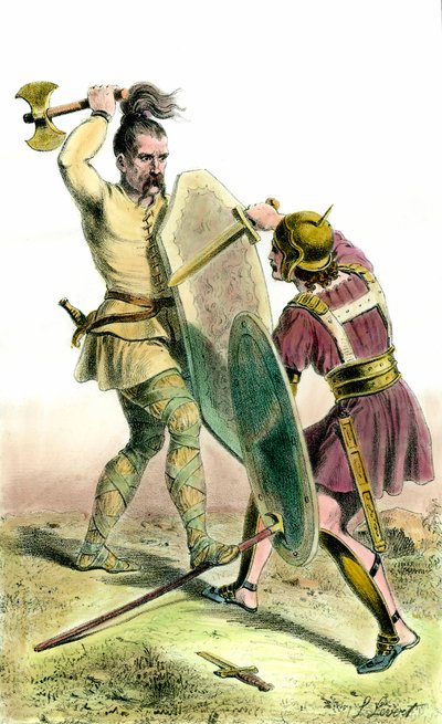 Bataille entre un soldat franc et un soldat romain. Gravure du 19ème siècle - Unknown artist
