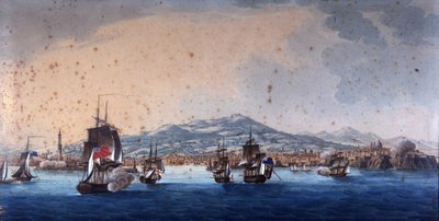Bataille dans le port de Gênes entre navires français et anglais. André Masséna dirige le quartier général de Gênes. Peinture anonyme du XIXe siècle. Museo Navale de Genova Pegli. - Unknown artist