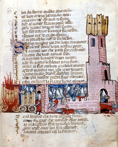 Bataille dans un château. Les réservoirs sont en feu. Manuscrit du 13ème siècle. Marciana Venise. - Unknown artist