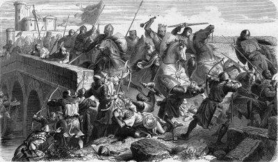 Bataille de Taillebourg opposant en 1242, les troupes capétiennes du roi de France Louis IX (Saint Louis) et son frère le comte de Poitiers Alphonse contre celles de leurs vassaux révoltés, Henri III d