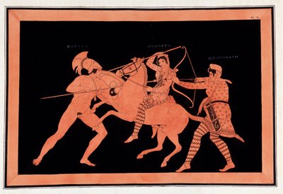 Bataille des Amazones Hyppolyte et Deinomache contre Thésée - « Peintures de vases antiques, communément appelés étrusques », de diverses collections et gravées par A. Clener, accompagnées d