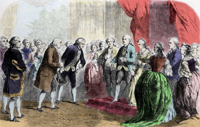 Benjamin Franklin (1706-1790), philosophe, physicien et ambassadeur américain reçu par le roi de France Louis XVI, le 6 février - Unknown artist