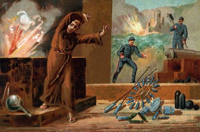 Berthold Schwartz (vers 1318-vers 1384), chimiste allemand, inventeur de la poudre à canon et moine franciscain. Chromolithographie du 19ème siècle - Unknown artist