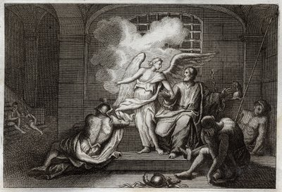 Bible de Royaumont, Nouveau Testament : Saint Pierre délivré de prison. Saint Pierre est libéré de prison la nuit par un ange. Illustration de 1811. - Unknown artist