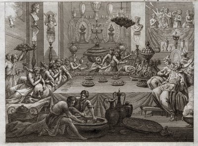 Bible de Royaumont, Ancien Testament : Balthazar condamné. Le roi Balthazar (Belshatsar) voit à table une main qui écrit en trois mots la fin de sa sentence. Illustration de 1811 - Unknown artist