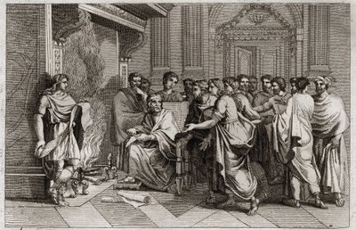 Bible de Royaumont, Ancien Testament : Baruch prophète. Le roi Joachim (Joakim, Joachin, Jéchonias) coupe le rouleau contenant les prophéties de Jérémie transcrites par son disciple Baruch (Baruch ben Neria) et le jette au feu. Illustration de 1811. - Unknown artist