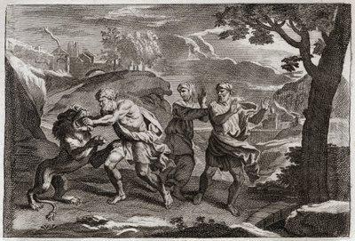 Bible de Royaumont, Ancien Testament : Naissance de Samson. Samson déchire un lion en morceaux. Illustration de 1811 - Unknown artist