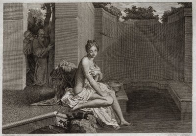 Bible de Royaumont, Ancien Testament : Chasteté de Suzanne. Deux anciens, juges du peuple, tentent de corrompre la chasteté de Suzanne, alors qu