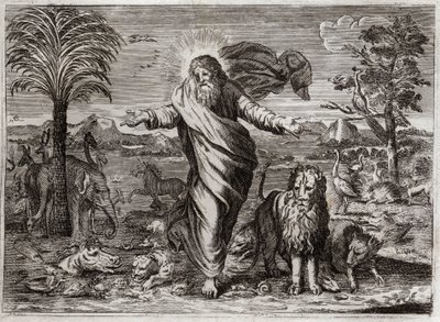 Bible de Royaumont, Ancien Testament : Création du Monde. Dieu tire le Ciel et la Terre du néant, et en six jours les orne et les peuple de Créatures de toutes sortes. Illustration de 1811. - Unknown artist