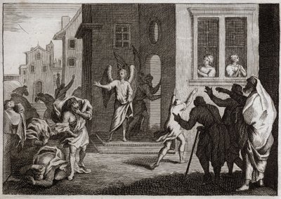 Bible de Royaumont, Ancien Testament : Crimes des Sodomites. Loth reçoit des anges dans sa maison. Les Sodomites veulent les violenter. Les anges les frappent de cécité. Illustration de 1811. - Unknown artist