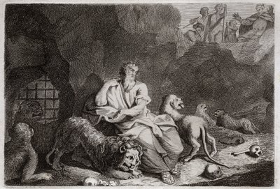 Bible de Royaumont, Ancien Testament : Daniel dans la fosse aux lions. Daniel est jeté dans la fosse aux lions et en sort miraculeusement indemne. Illustration de 1811. - Unknown artist