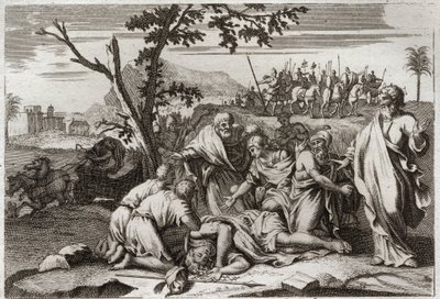 Bible de Royaumont, Ancien Testament : Mort du méchant Antiochus. La mort effroyable du roi Antiochus IV Épiphane (175-164 av. J.-C.) après une chute de cheval. Illustration de 1811. - Unknown artist