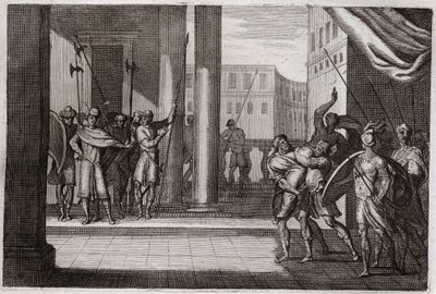 Bible de Royaumont, Ancien Testament : Dina sortit par curiosité pour voir les femmes de Sichem, et le roi de cette ville lui fit violence, ses frères se vengèrent et tuèrent tout le peuple de Sichem avec le roi. Illustration de 1811. - Unknown artist