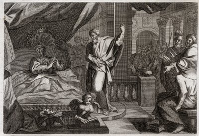 Bible de Royaumont, Ancien Testament : Ézéchias reçoit la santé. Le roi Ézéchias, malade à mort, reçoit la santé et quinze années de vie supplémentaires. Le prophète Isaïe (Isaiah) annonce sa guérison : le signe sera de repousser l