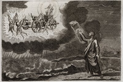 Bible de Royaumont, Ancien Testament : Ézéchiel prophète. Saint prophète a eu une vision où le Seigneur lui est apparu sur un char, porté par quatre chérubins (tétramorphe). Illustration de 1811. - Unknown artist