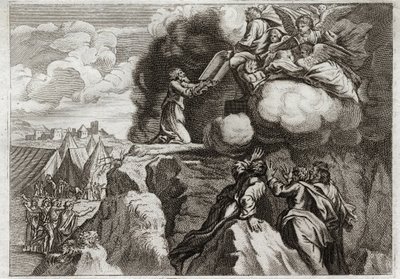 Bible de Royaumont, Ancien Testament : Premières Tables de la Loi. Dieu donne la Loi à son peuple sur le mont Sinaï. Moïse reçoit les 10 Commandements des mains de Dieu. Illustration de 1811. - Unknown artist