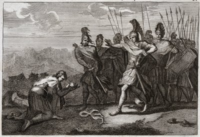 Bible de Royaumont, Ancien Testament : Tête de Saül. Les Philistins se réjouissent de la mort de Saül et offrent sa tête à leur idole. David regrette sa mort et se rend en Judée, où il est reconnu roi à Hébron. Illustration de 1811 - Unknown artist