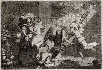 Bible de Royaumont, Ancien Testament : Héliodore chassé du temple. Héliodore (Héliodoros) envoyé par son souverain pour piller le Temple de Jérusalem, fut battu avec des verges par des anges. Illustration de 1811. - Unknown artist