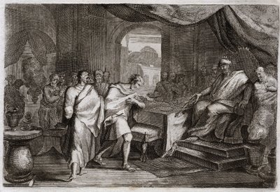 Bible de Royaumont, Ancien Testament : Joachim libéré des fers. Evilmerodach, roi de Babylone, après la mort de Nabuchodonosor II, traite Joachim, ancien roi de Juda, et le libère des fers pour le faire asseoir à sa table. - Unknown artist