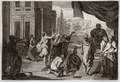 Bible de Royaumont, Ancien Testament : Moïse devant Pharaon. Moïse demande à Pharaon de laisser les Hébreux aller dans le désert pour sacrifier au Seigneur. Illustration de 1811. - Unknown artist