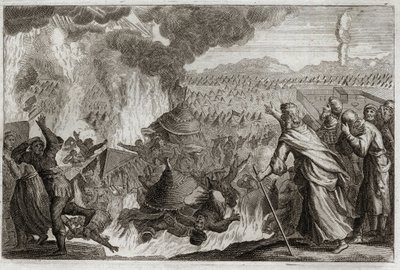 Bible de Royaumont, Ancien Testament : Châtiment du Feu Céleste. Coré (Kore), Dathan (Datan, Nathan) et Abiron (Abiram) murmurant contre Moïse, et affectant la prêtrise, sont tous détruits vivants, et la terre s