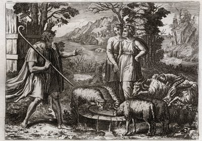 Bible de Royaumont, Ancien Testament : Rachel et Léa. Jacob sert Laban, son oncle, pour épouser sa fille Rachel. Illustration de 1811 - Unknown artist