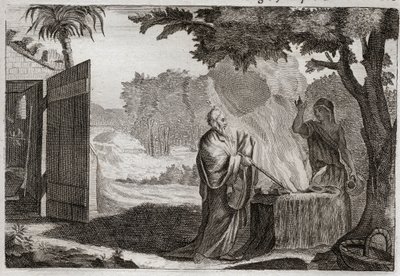 Bible de Royaumont, Ancien Testament : Sacrifice de Gédéon. Gédéon (Gideon) est appelé par Dieu à délivrer les Juifs de leurs ennemis. Il offre un sacrifice sur une pierre, d