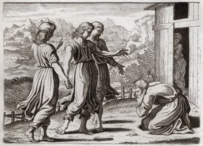 Bible de Royaumont, Ancien Testament : Sara concoit Isaac. Abraham reçoit trois anges qui promettent à Sara qu
